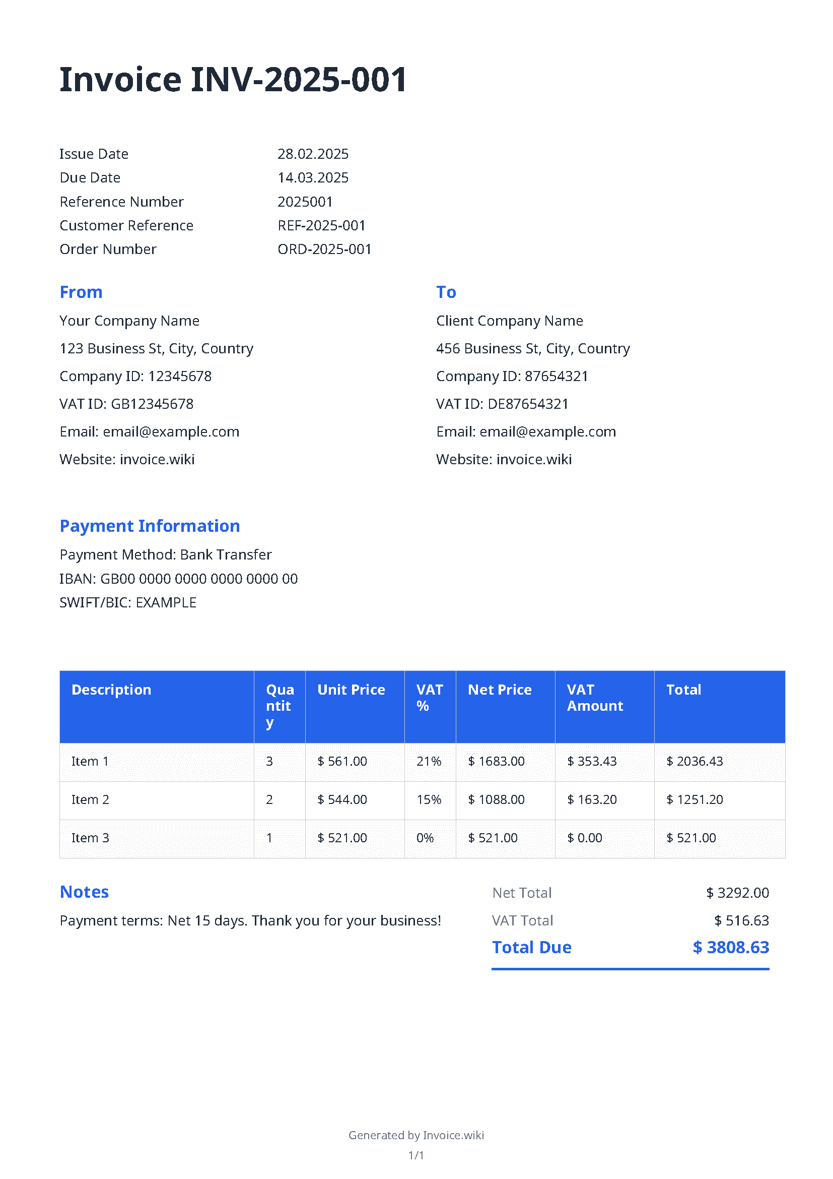 Professional invoice example created with Invoice.wiki free invoice generator showing company details, itemized services, VAT calculations, and payment information