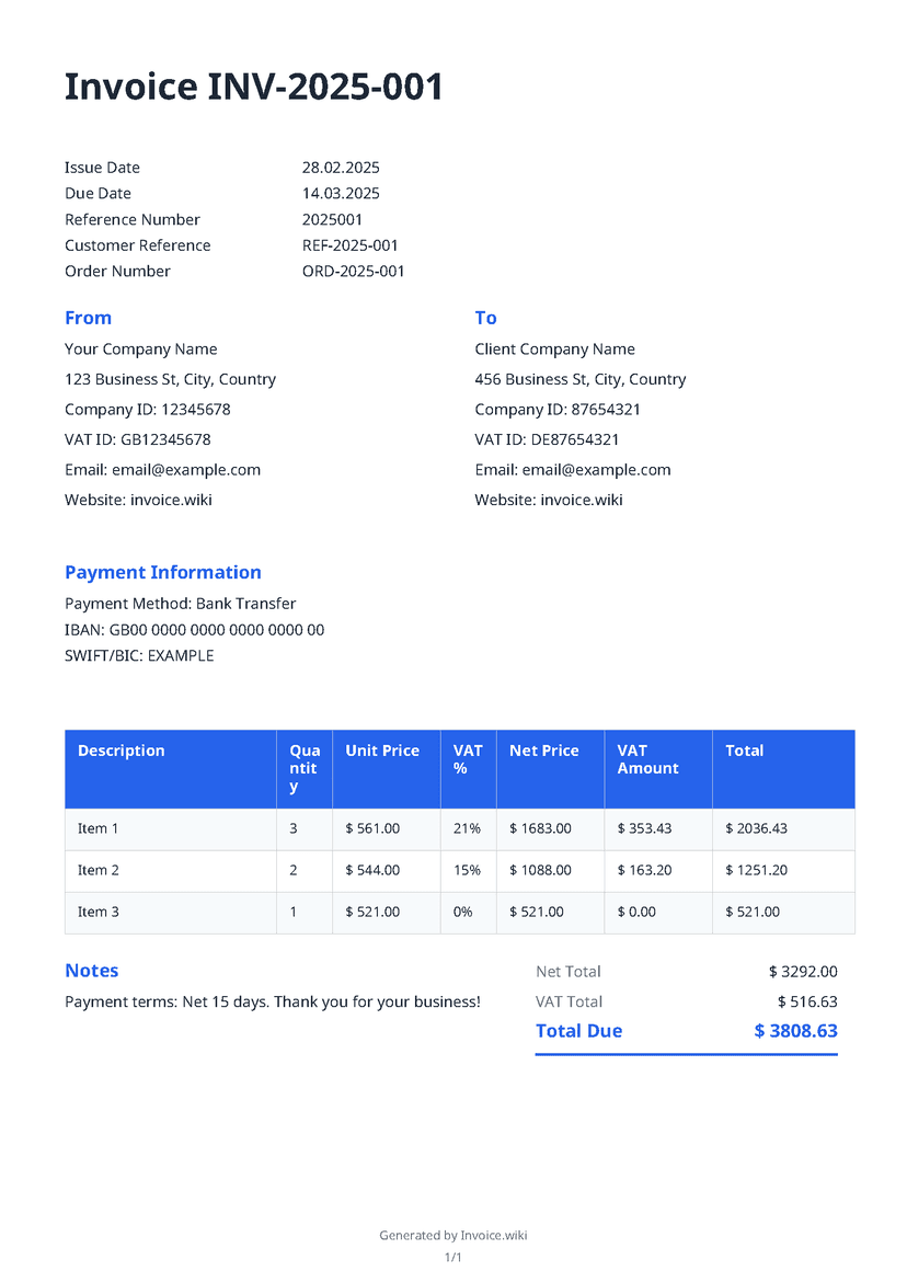 Sample professional invoice generated by Invoice.wiki showing proper formatting, VAT calculations, and business details